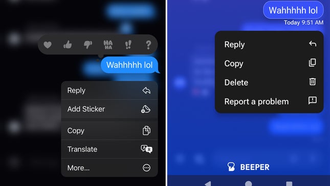 توجد رسائل iOS على اليسار، وBeeper Mini على Android على اليمين. 